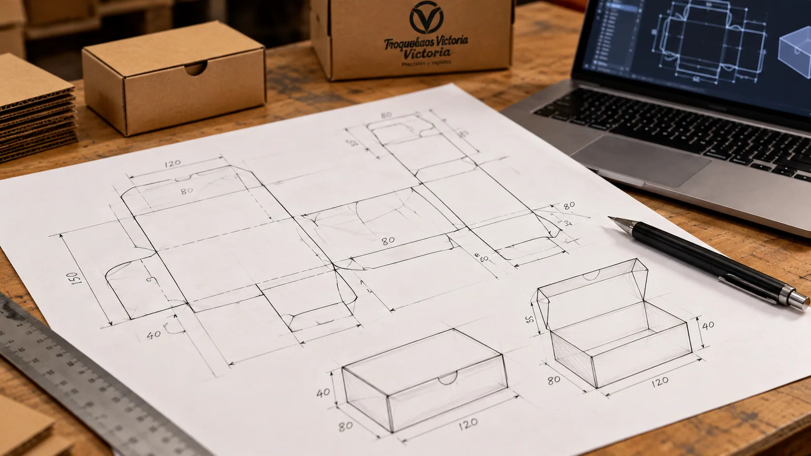 Plano de una caja de cartón sobre una mesa de trabajo, junto a un computador con el diseño