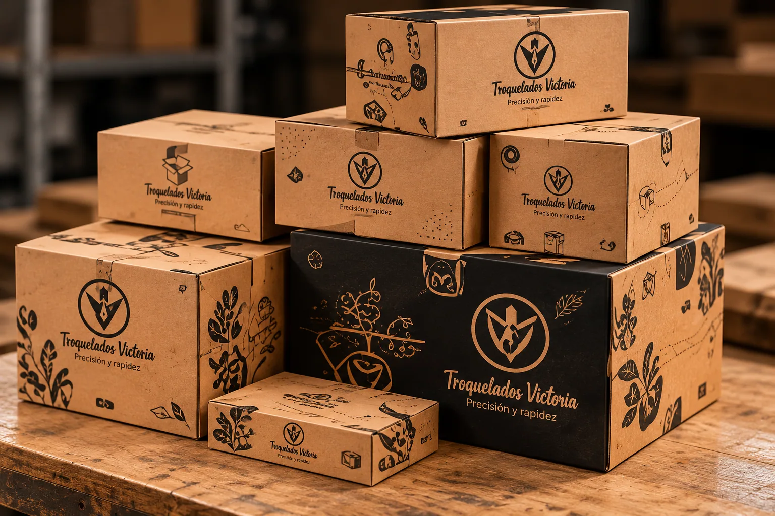 Terminaciones y Finish: Cajas de cartón kraft y negras con la marca de Troquelados Victoria, apiladas