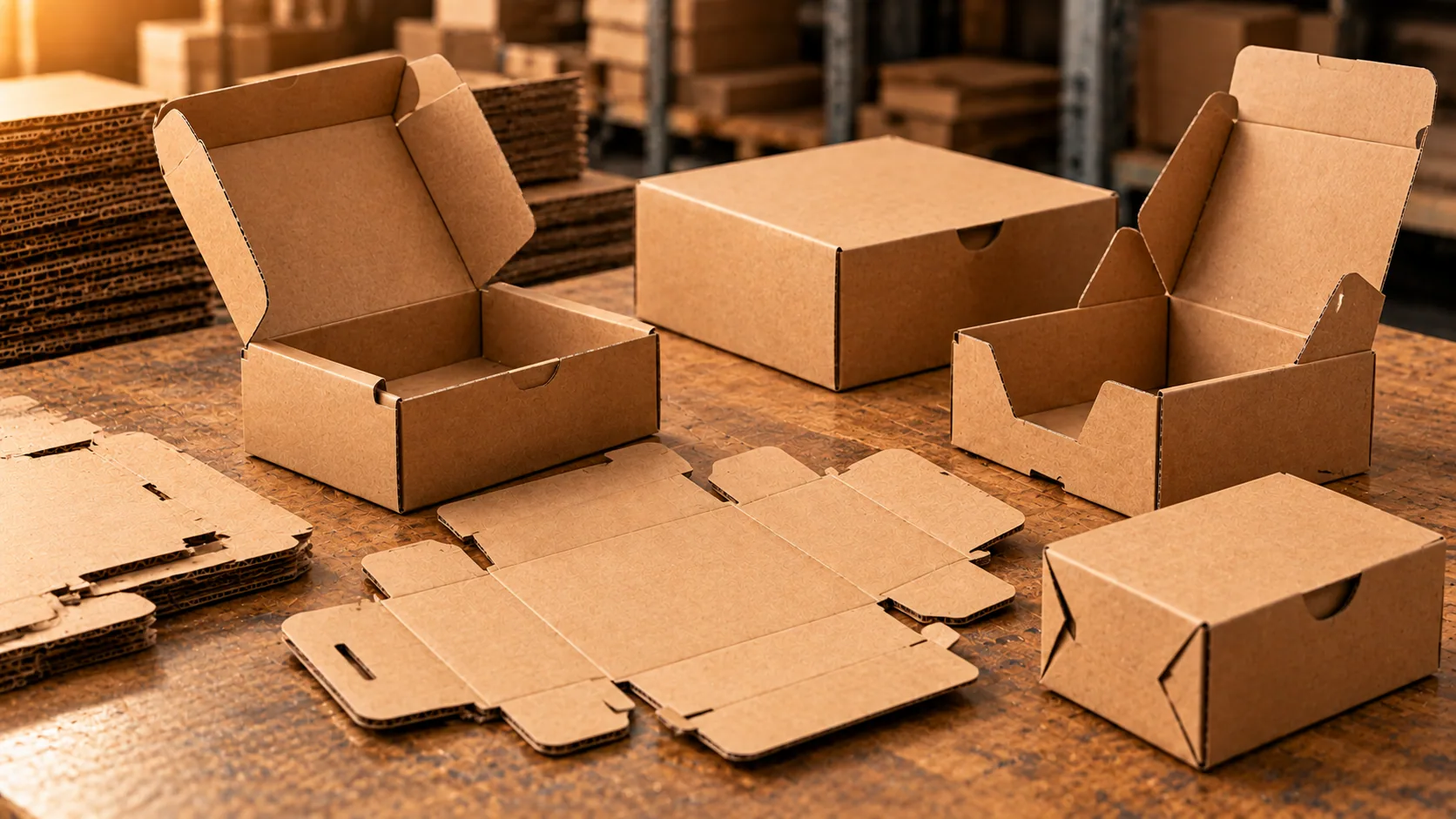 Troquelado: Cajas de cartón plegables y piezas troqueladas desplegadas sobre una mesa