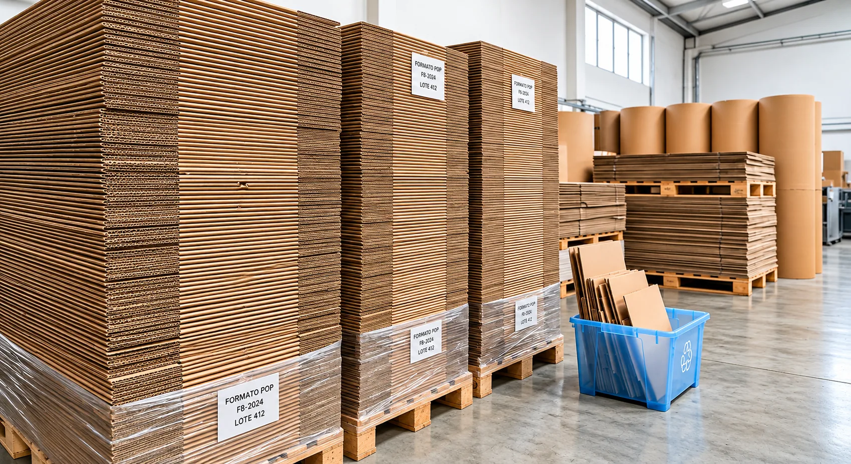 Troquelado: Bodega industrial con pallets de cartón corrugado