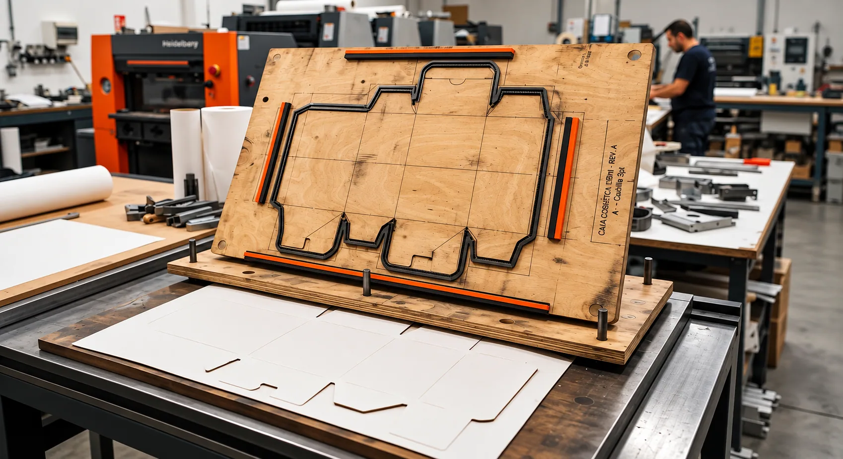 Confección de moldes: Troquel de madera para una caja de cartón en un taller de confección de moldes